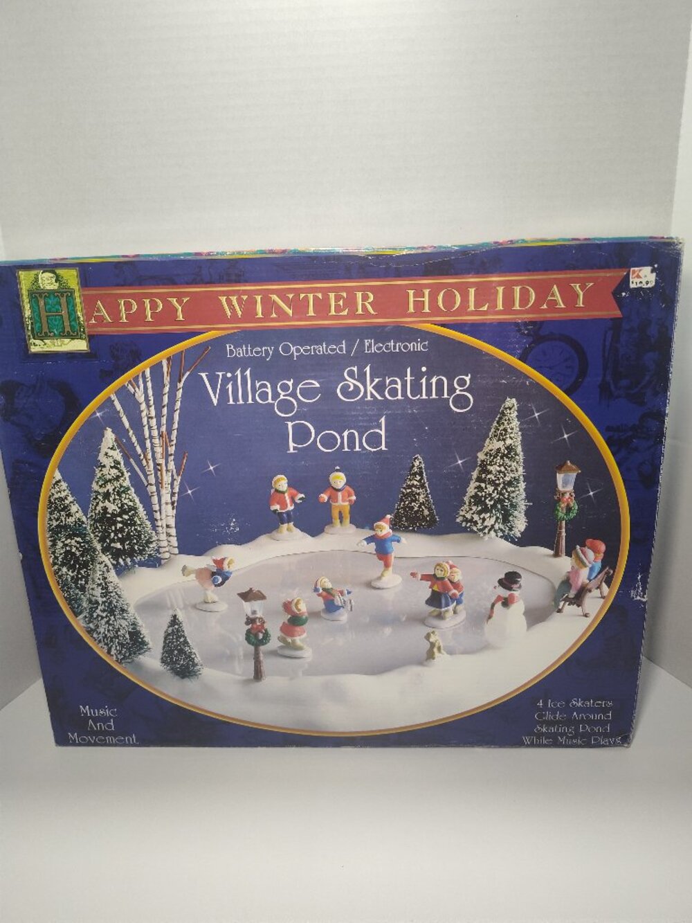 Happy Winter Holiday Village Skating Pond Animated Musical Display Box Styrofoam